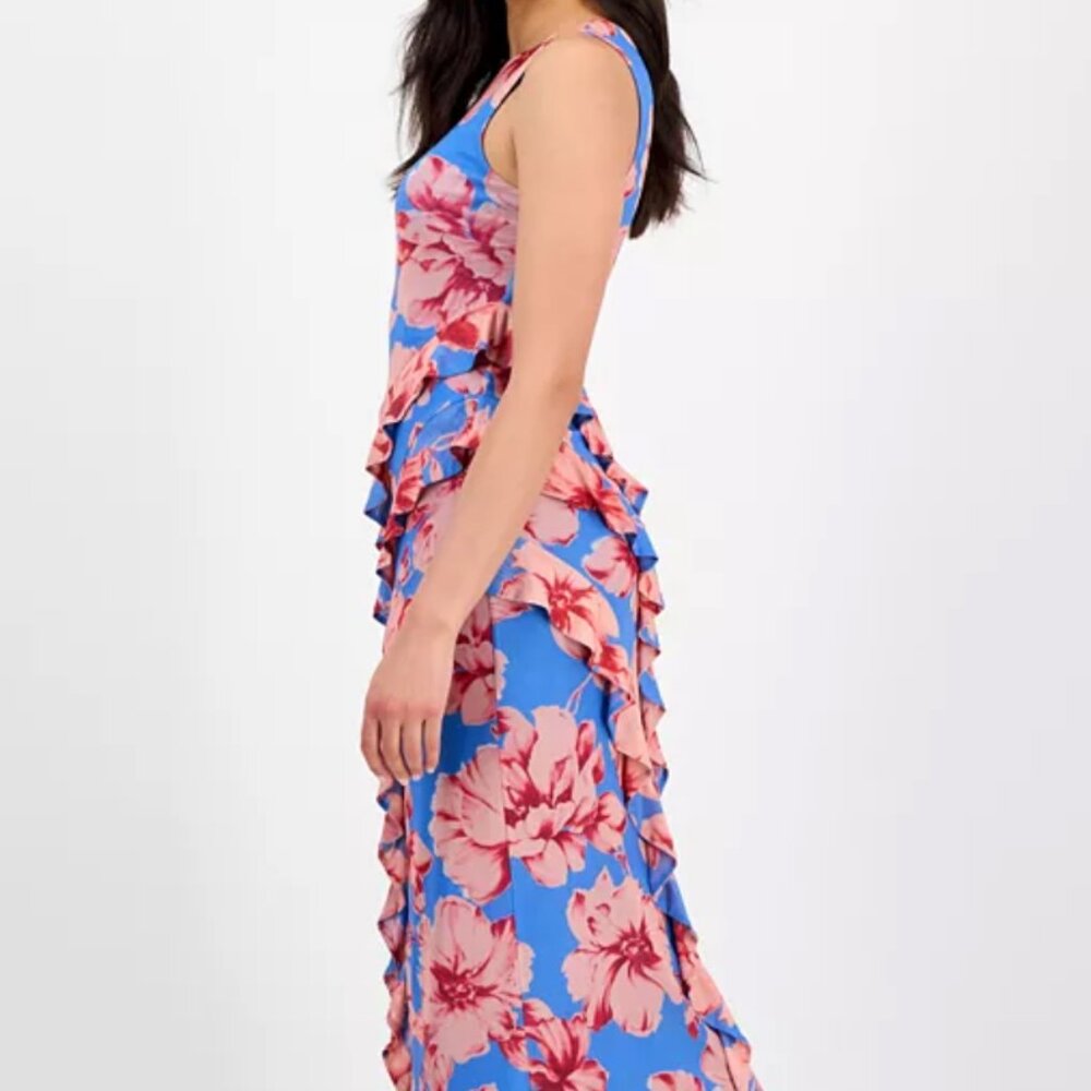 Rachel Roy dress sleeveless blue with big pink flowers, tiered ruffles (L) NWT - Picture 3 of 11